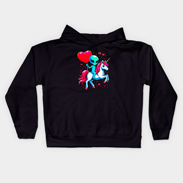 Funny Valentine Day Believer Ufo Alien Riding Unicorn Kids Hoodie by Outrageous Flavors